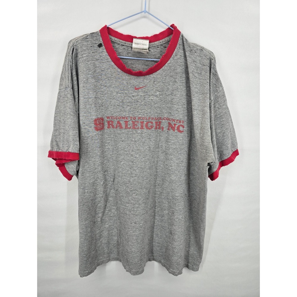 Vintage Nike NC State‎ Wolfpack Ringer T-Shirt XL Gray Red Raleigh NC Distressed